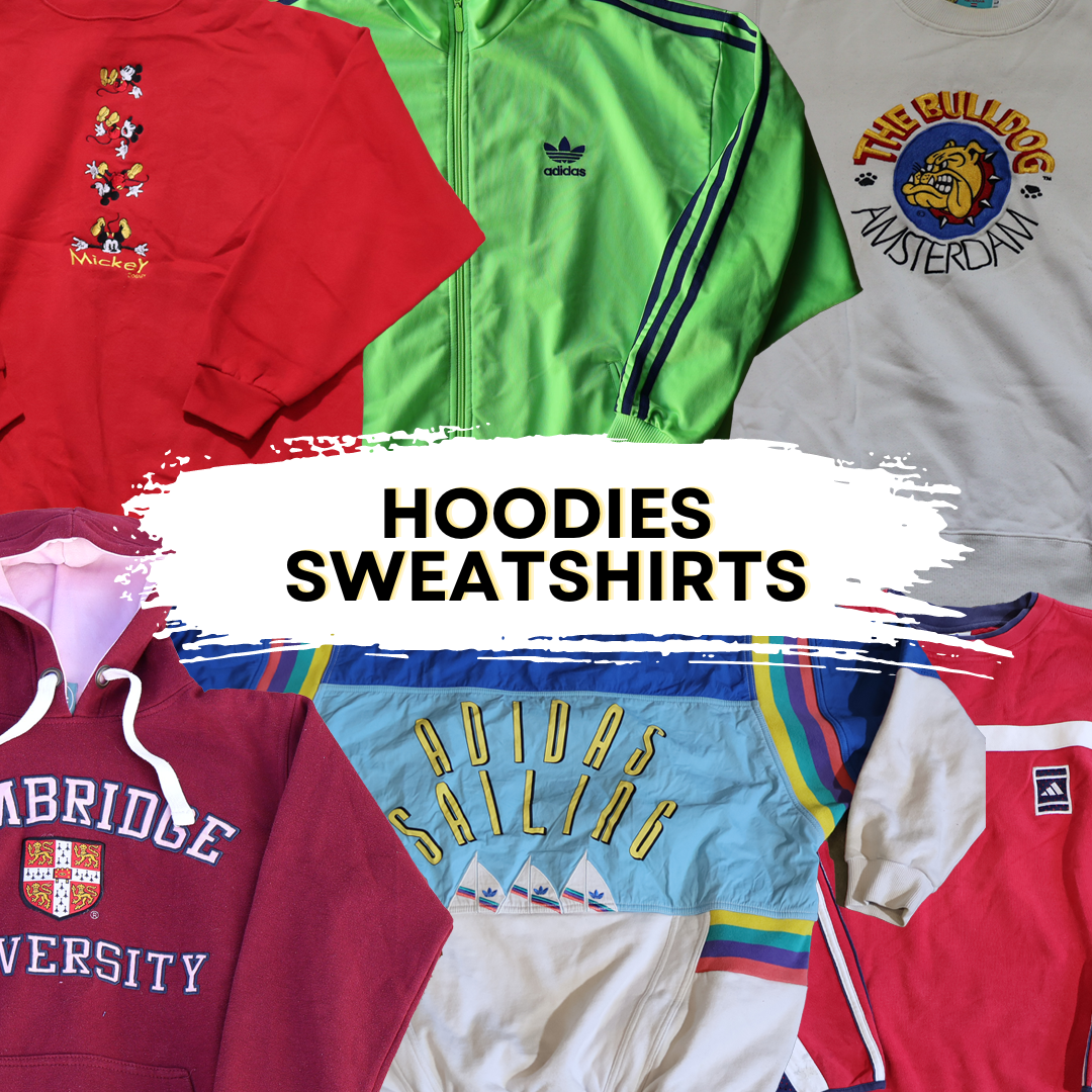 Various colorful hoodies and sweatshirts laid out with "Hoodies Sweatshirts" text in the center.