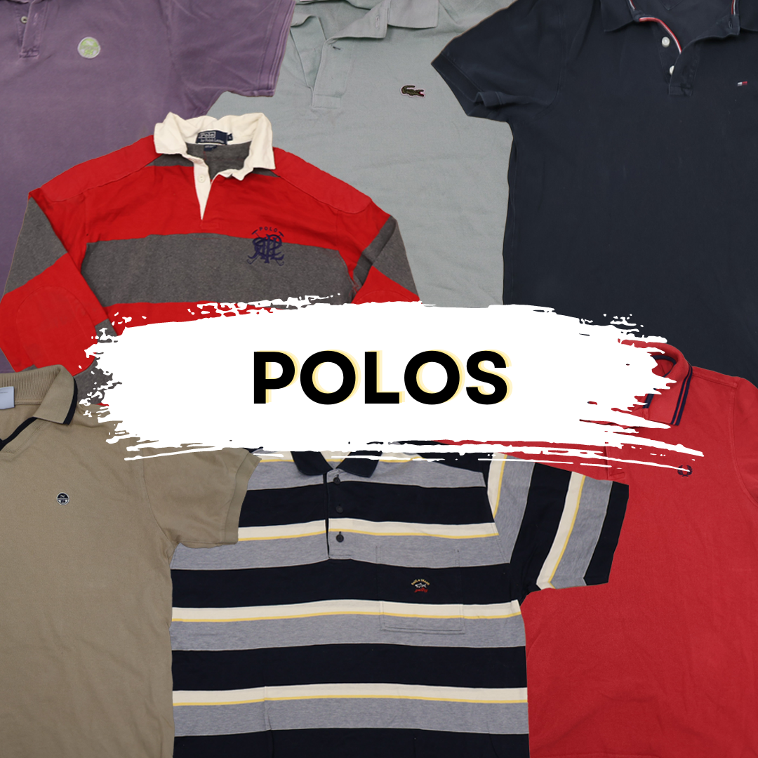 Various colored polo shirts laid out with "Polos" text overlayed in the center.