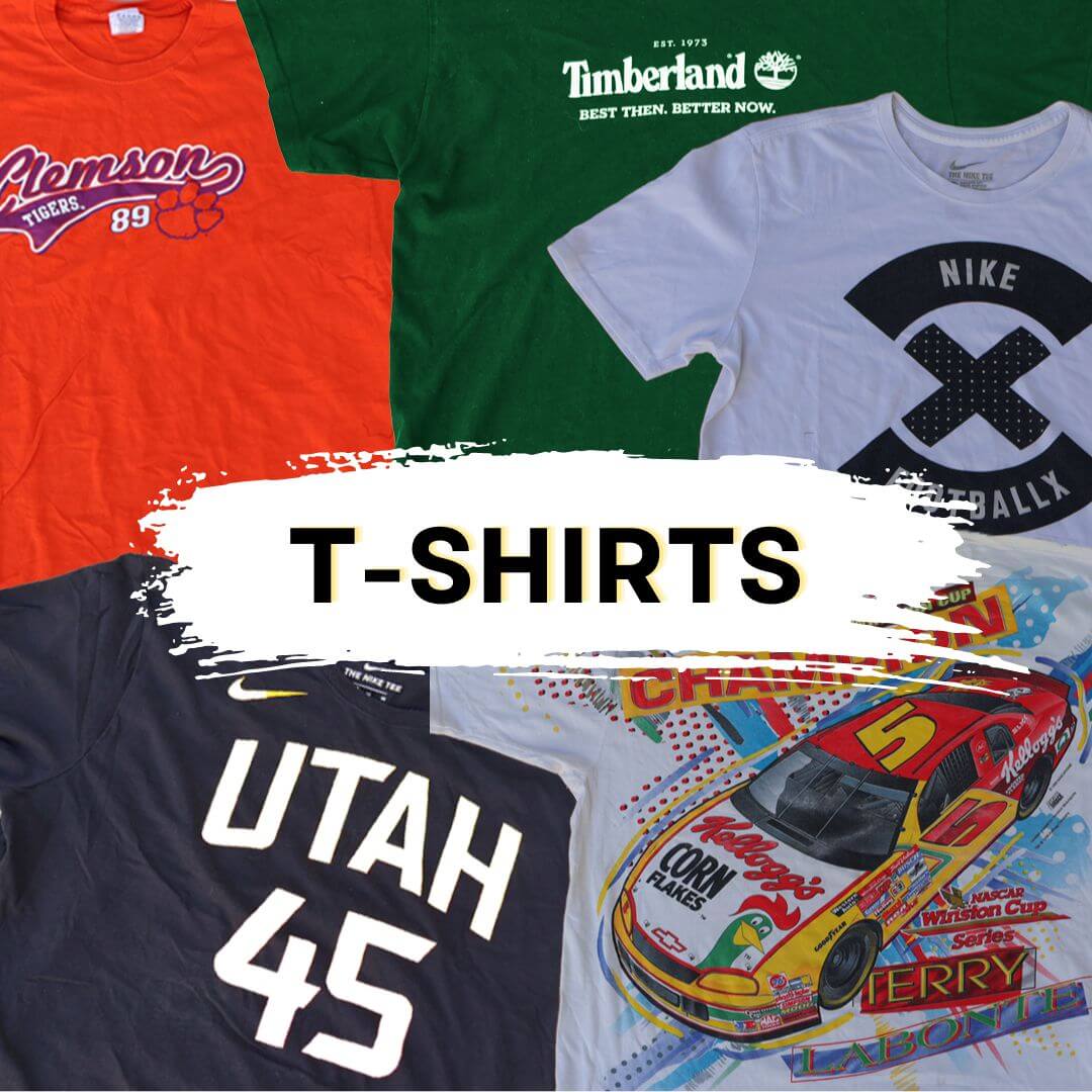 Vintage fashion T-shirts collection including Utah, NASCAR, and Clemson designs, featuring vintage clothes from wholesale sellers.