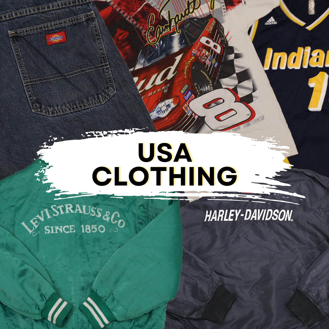 Vintage fashion collection from USA featuring Levi's, Harley-Davidson, and sports apparel. Vintage wholesale clothing.