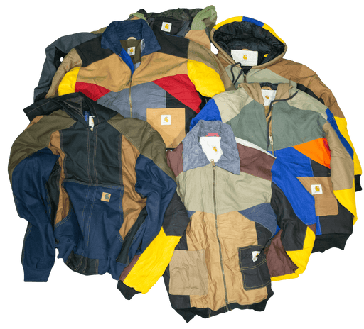 Vintage Carhartt rework jackets from 70s, 80s, 90s, and 00s in assorted colors, available in wholesale batches. Vintage fashion clothing.