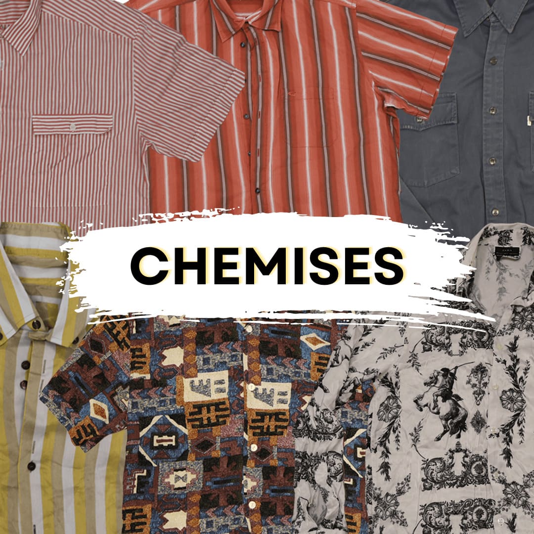 Assorted men's shirts in various patterns and colors, including stripes, plaid, and graphic designs.
