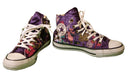 Purple Converse high-top sneakers with a colorful artistic design and white laces