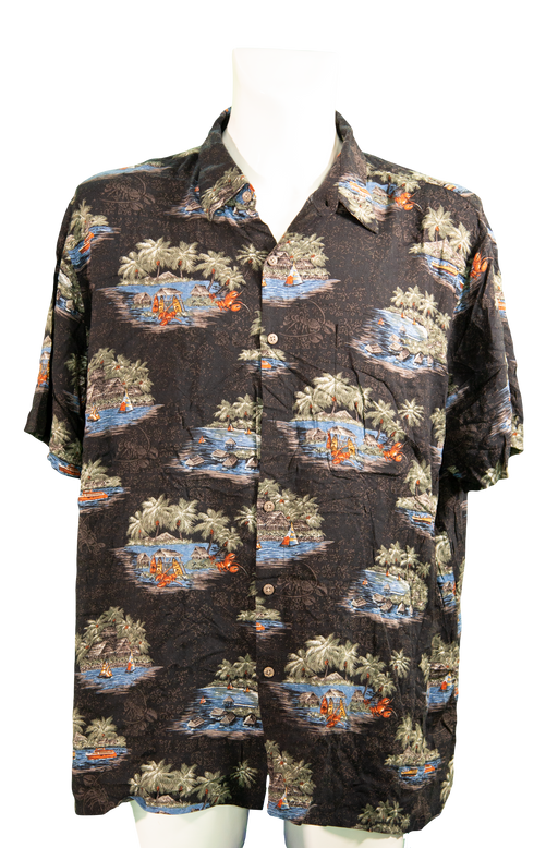 Black Hawaiian shirt with tropical island print and short sleeves.