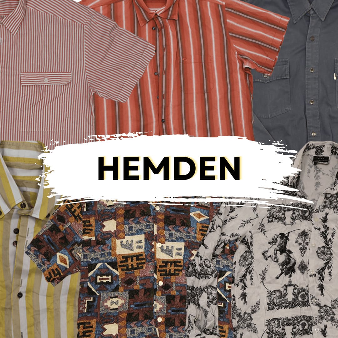 Assorted men's shirts in various patterns and colors, including stripes, plaid, and graphic designs.