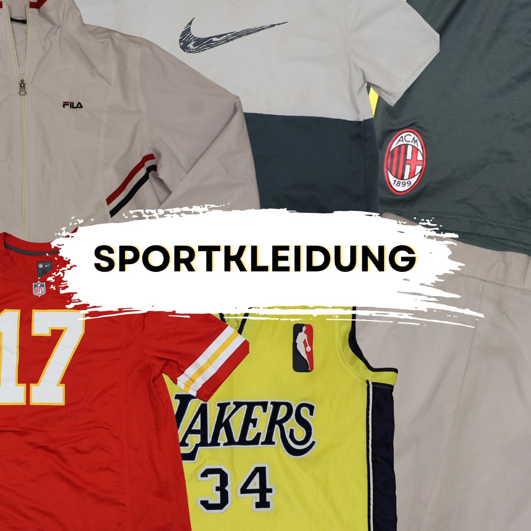 Vintage sportswear collection featuring retro jackets, shirts, and jerseys from Fila, Nike, AC Milan, NFL, and NBA.