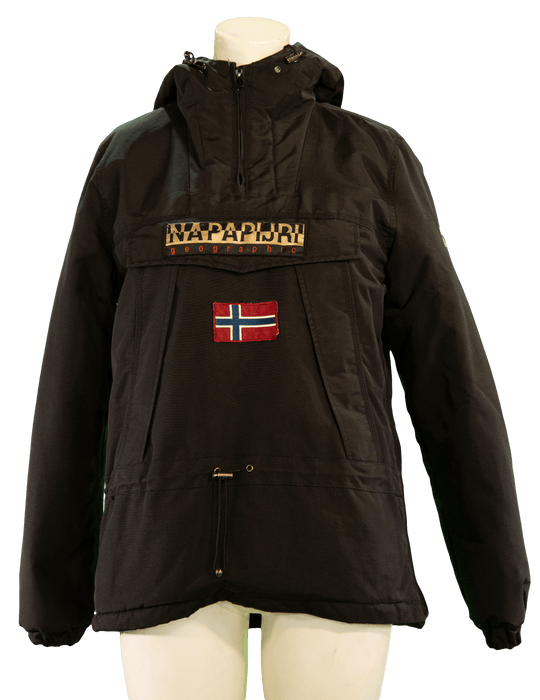 Black Napapijri jacket with Norwegian flag patch and front zipper on a white mannequin.