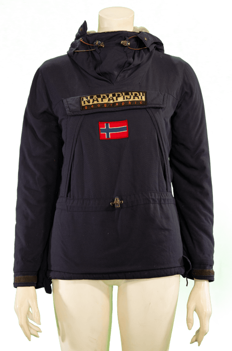 Navy blue Napapijri jacket with Norwegian flag on front displayed on mannequin.