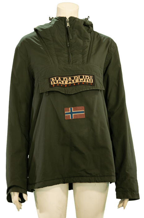 Olive green Napapijri jacket with Icelandic flag patch and front zipper