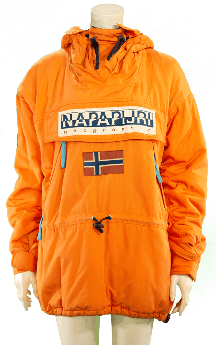 Bright orange Napapijri jacket with Norwegian flag detail on the front, perfect for cold weather.