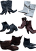 Collection of stylish black, white, gray, brown, and red cowboy boots with unique designs and buckles.